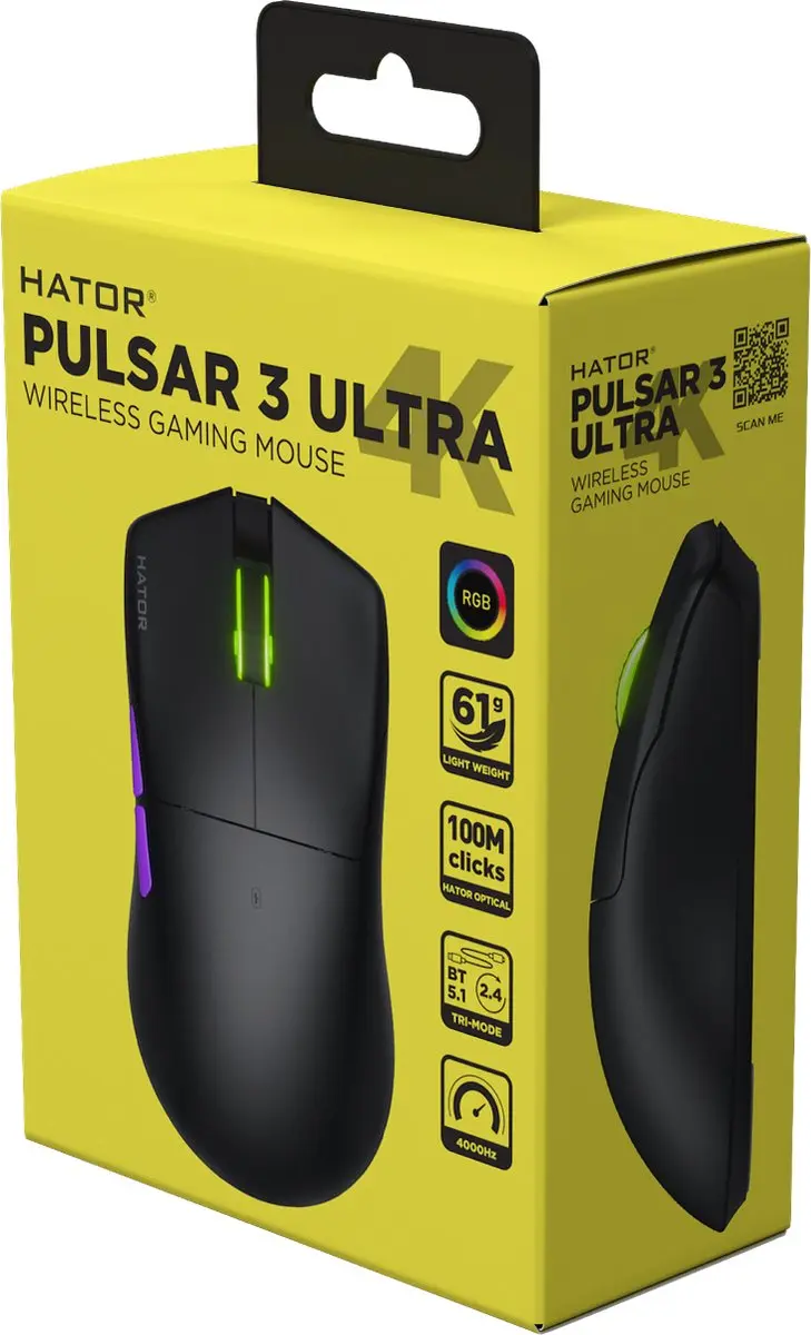 HATOR Pulsar 3 ULTRA HTM680 Gamingmuis - Zwart RGB - Optical Yellow 100M