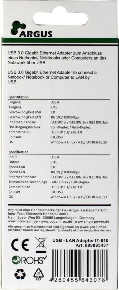 Intertech ARGUS IT-810 USB 3.0 RJ-45 Adapter - Zwart