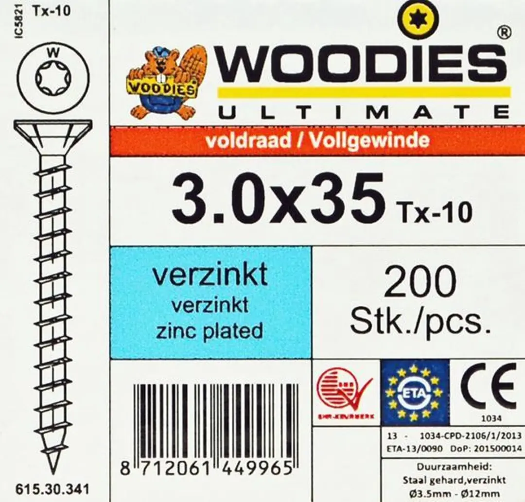 Woodies Ultimate Torx Verzinkt 3x35mm Platverzonkenkopschroef - 200 Stuks