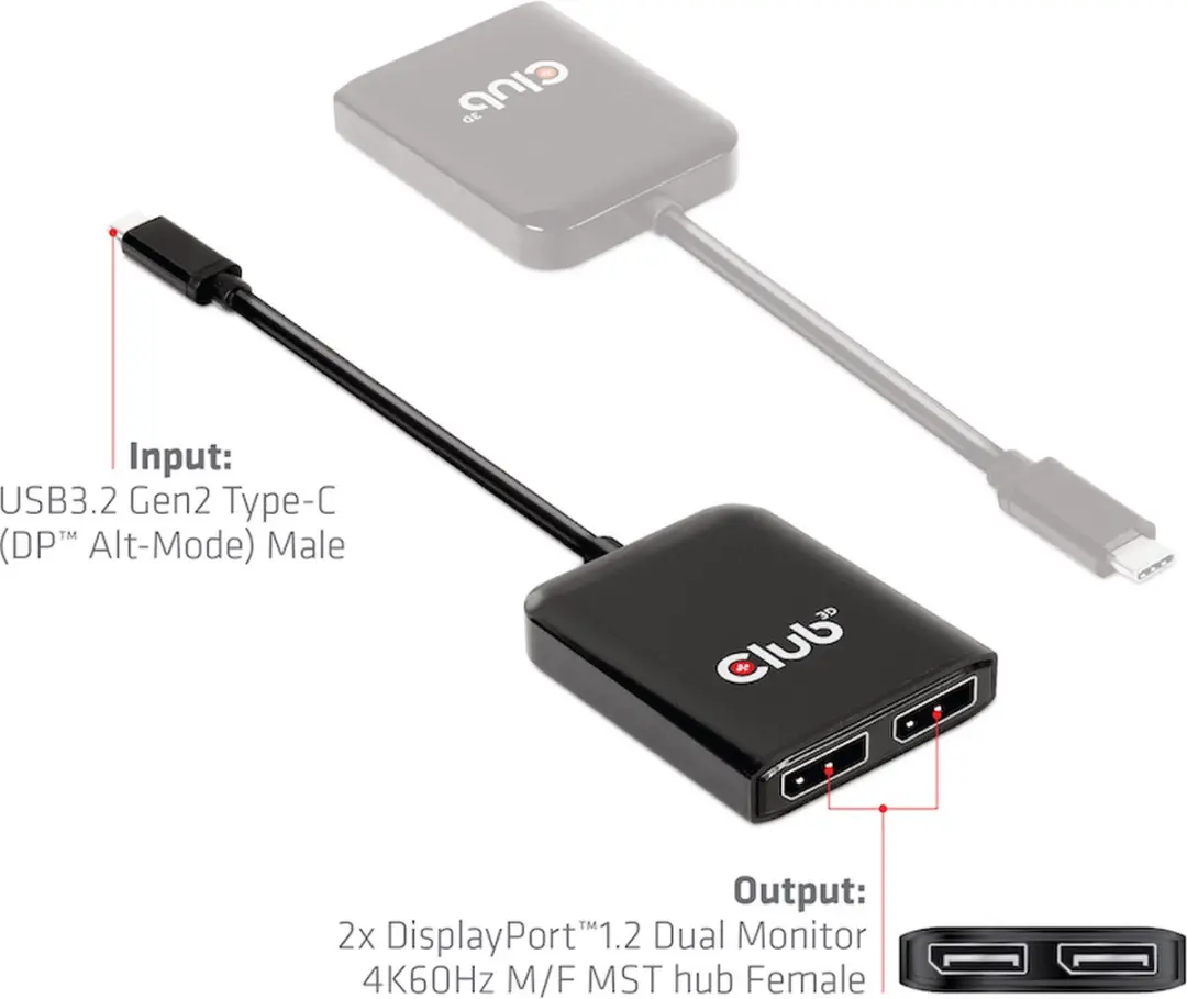 CLUB3D CSV-1555 USB-C naar DisplayPort Dual Monitor Hub - 4K60Hz - Zwart