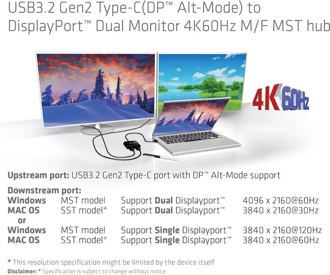 CLUB3D CSV-1555 USB-C naar DisplayPort Dual Monitor Hub - 4K60Hz - Zwart