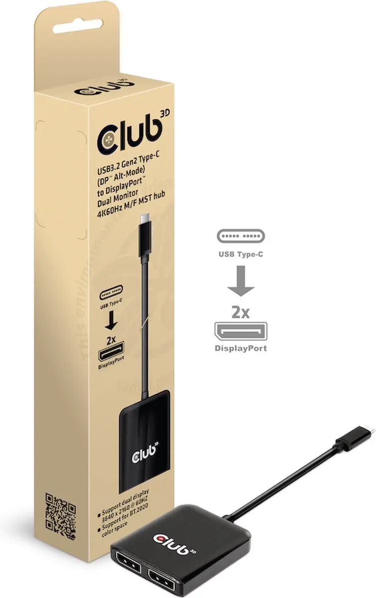CLUB3D CSV-1555 USB-C naar DisplayPort Dual Monitor Hub - 4K60Hz - Zwart