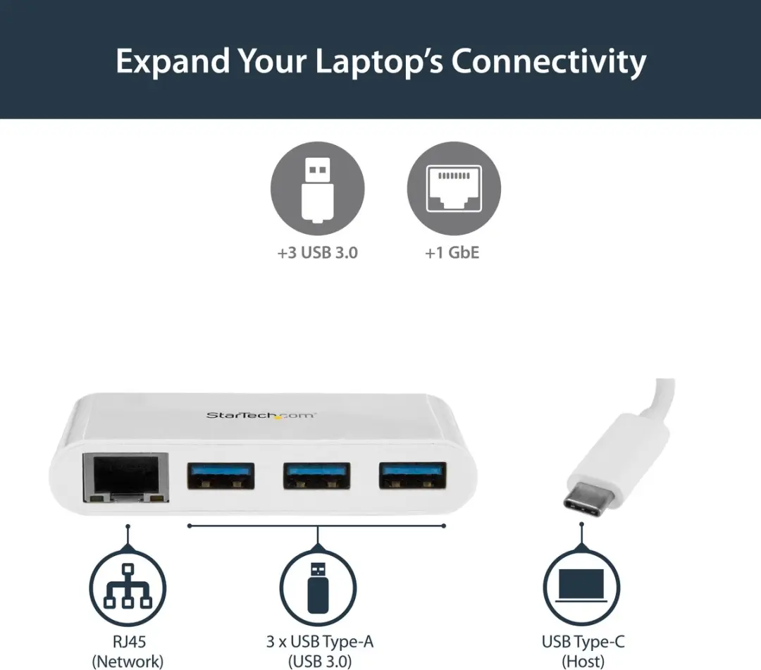 Startech HB30C3A1GEA USB 3.0 Hub 3 Poorten - USB-C - Gigabit Ethernet - Wit