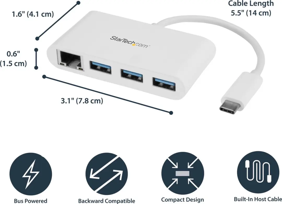 Startech HB30C3A1GEA USB 3.0 Hub 3 Poorten - USB-C - Gigabit Ethernet - Wit