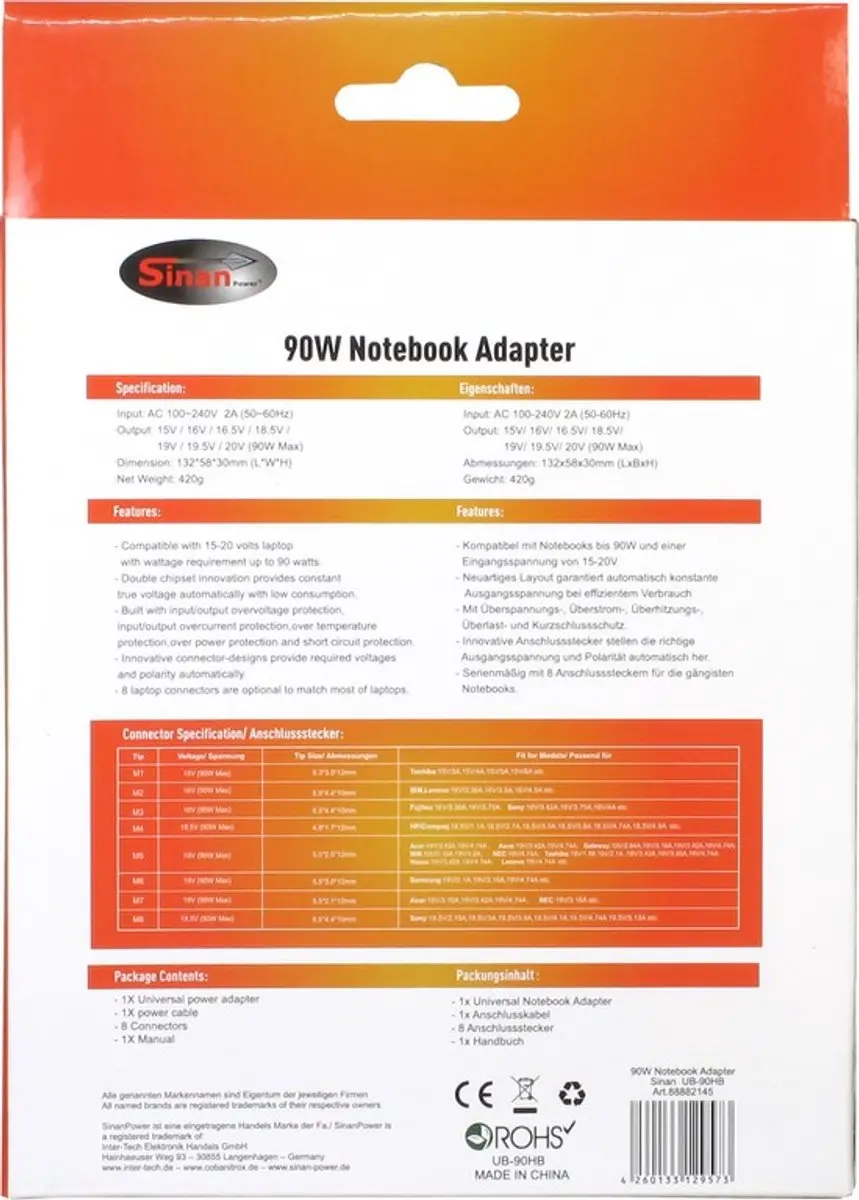Inter-Tech UB-90HB Universele Notebookadapter 90W - Zwart