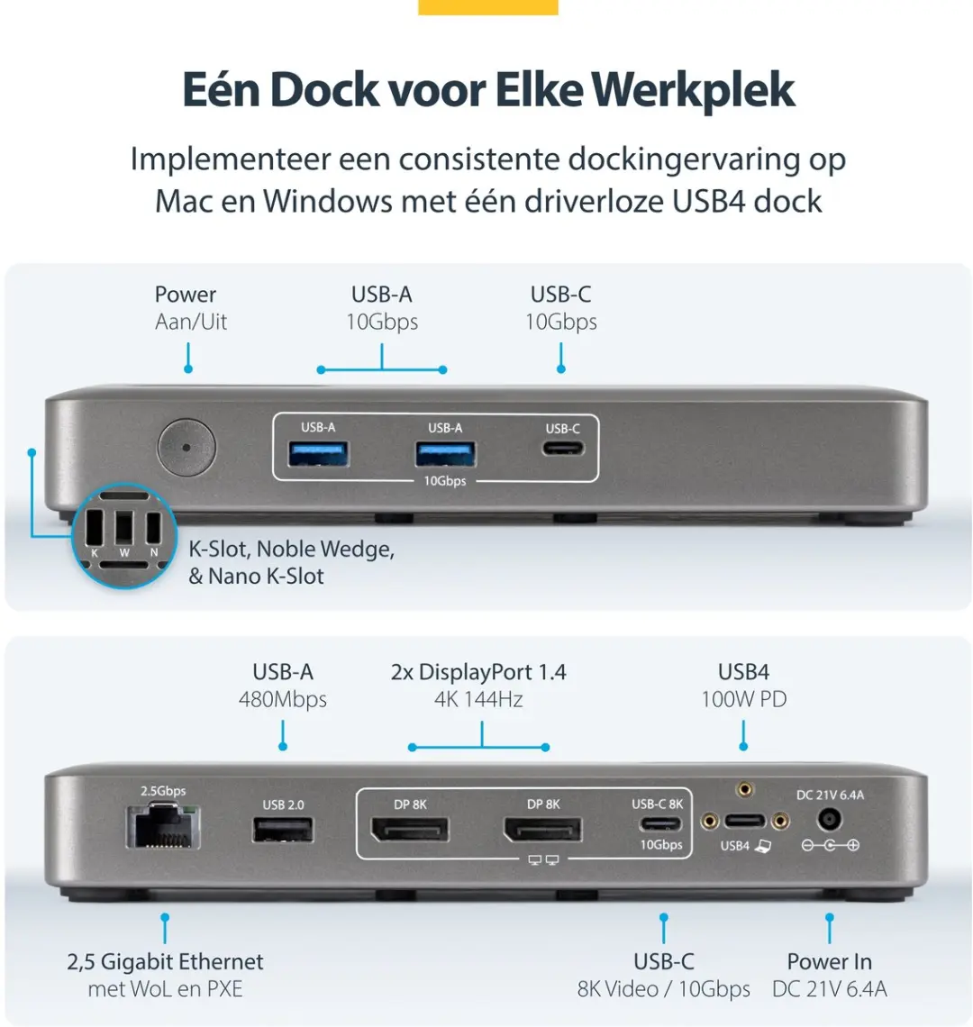 Startech 208UE-USB4-DOCK USB4 Docking Station - Dual 4K - 100W - 2.5GbE - Grijs