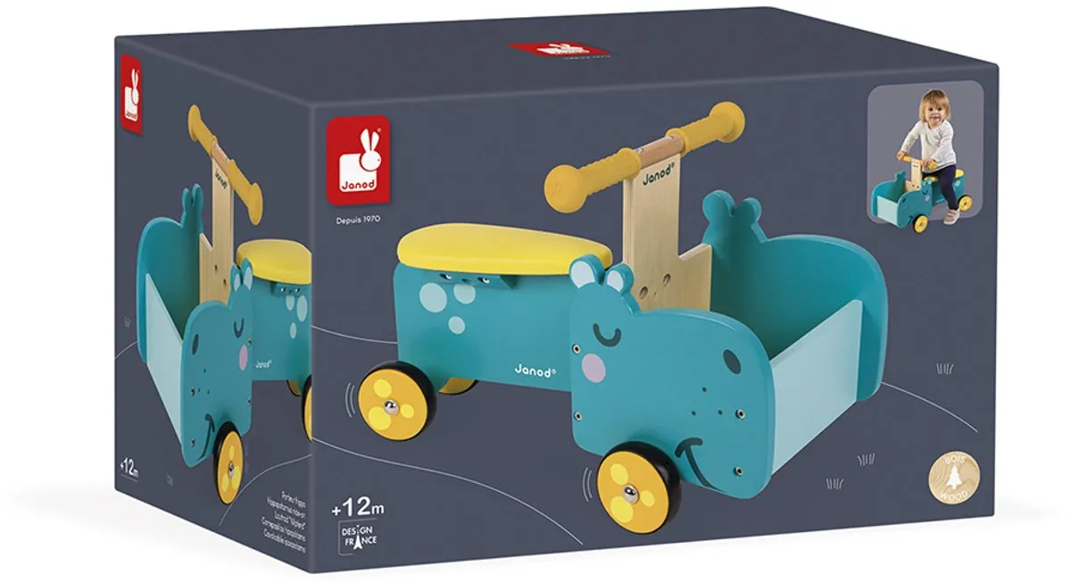 Janod Nijlpaard Ride-On Houten Bakfiets - Turquoise
