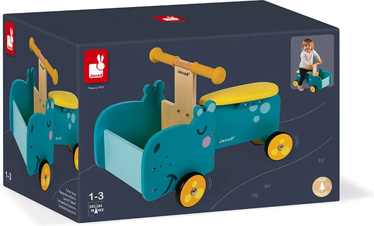 Janod Nijlpaard Ride-On Houten Bakfiets - Turquoise