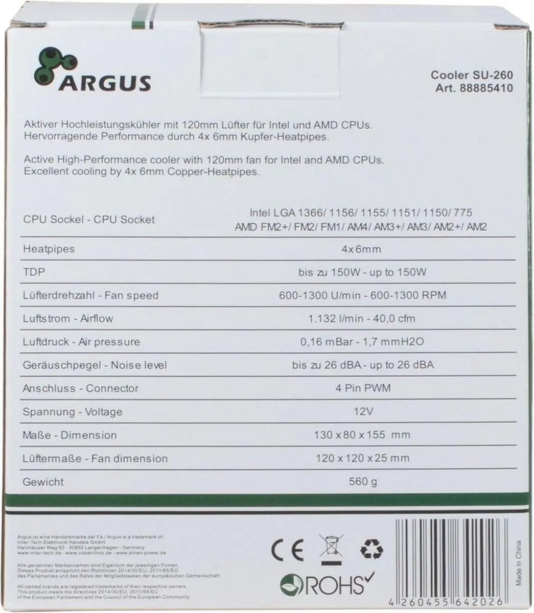 Inter-Tech Argus SU-260 Processor Koeler 12cm - Zwart/Oranje