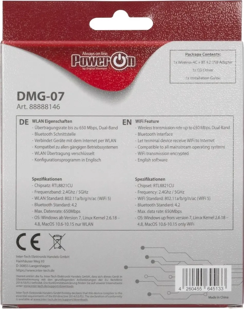 Intertech DMG-07 WLAN/Bluetooth Adapter 650 Mbit/s - Zwart