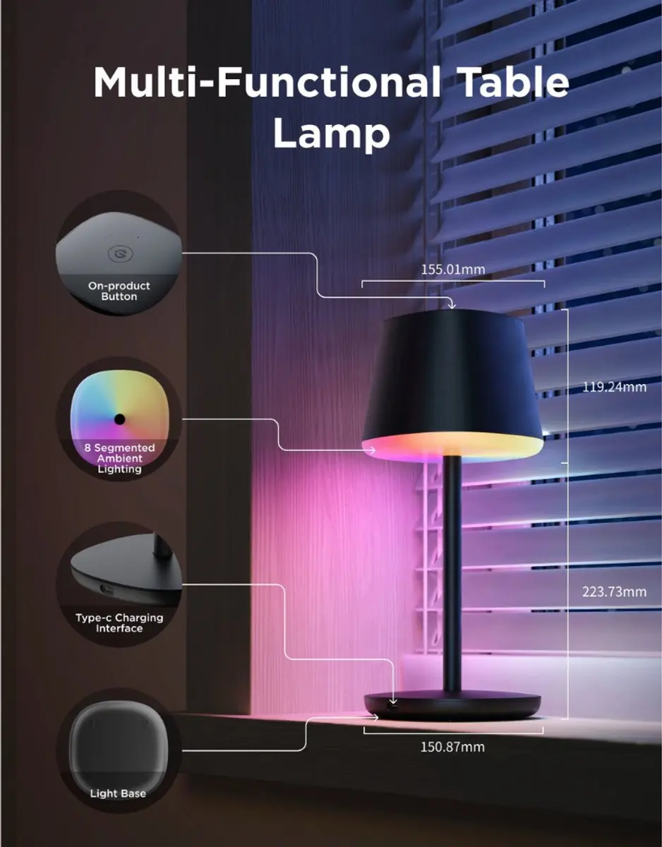 Govee Table Lamp Classic S RGBICWW Oplaadbaar - Zwart