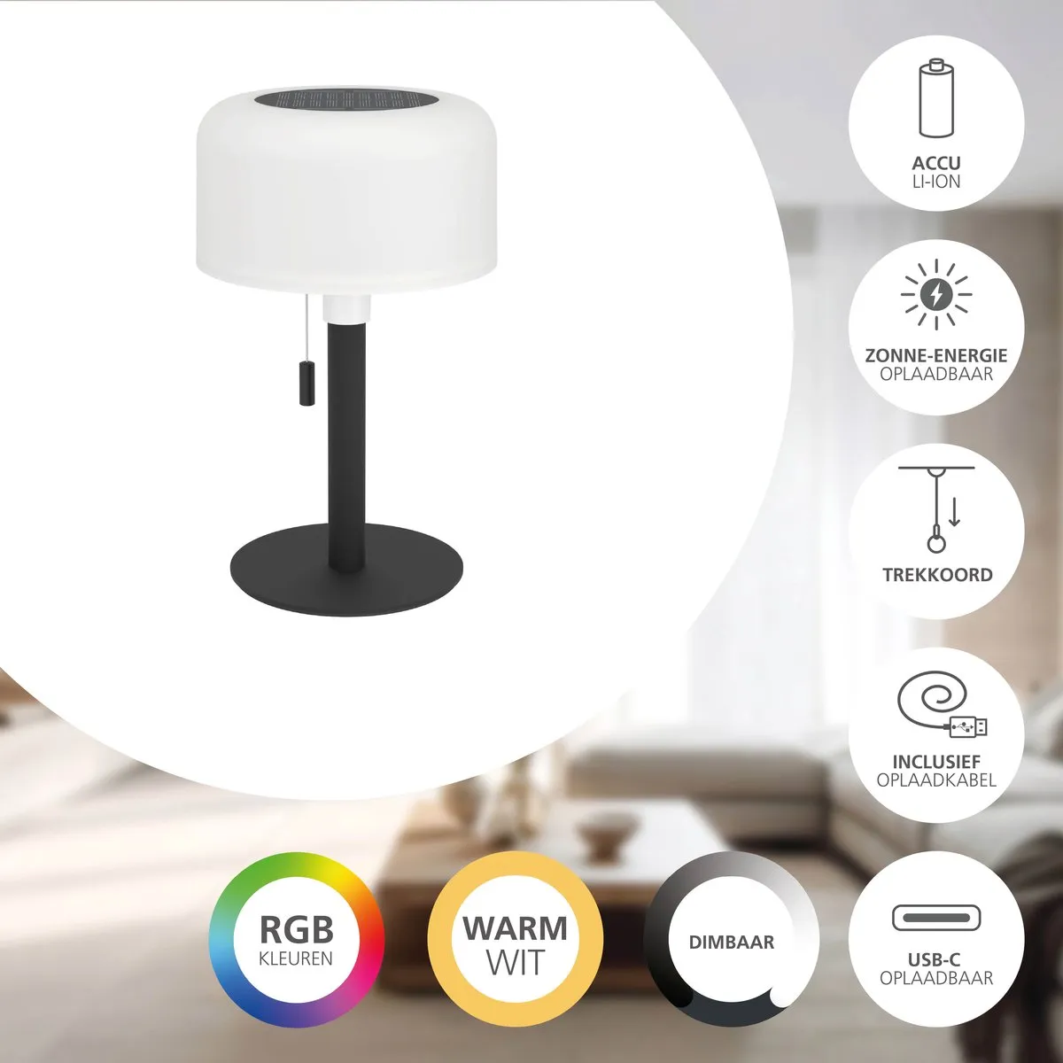 Eglo Montapalma Oplaadbare Tafellamp - 60 uur RGB - Zwart/Wit - afbeelding 6 van 6