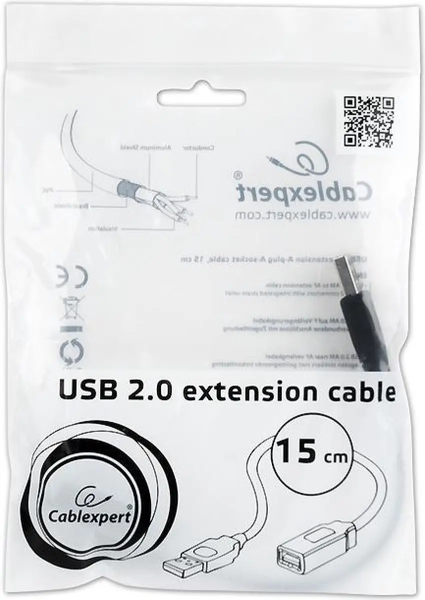 Cablexpert USB-A Verlengkabel 0,15m - USB2.0 - 10W - Zwart