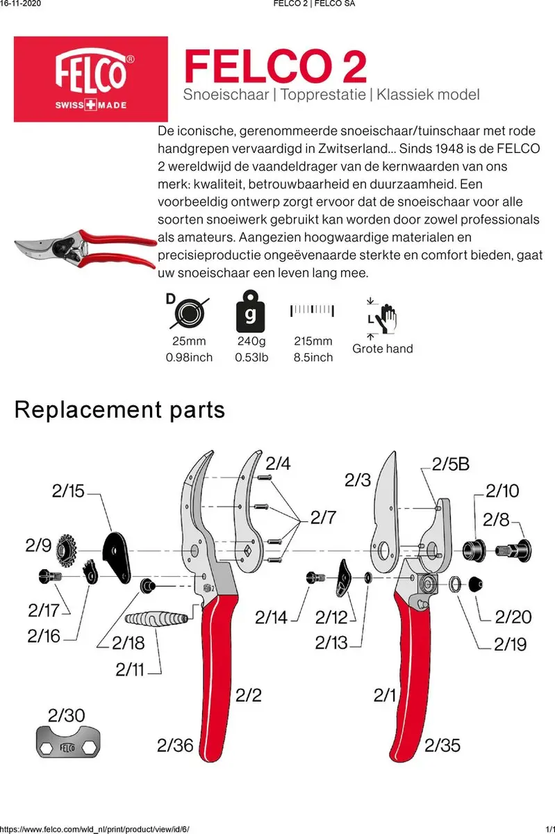 Felco 2 Snoeischaar Rechtshandig - 25mm