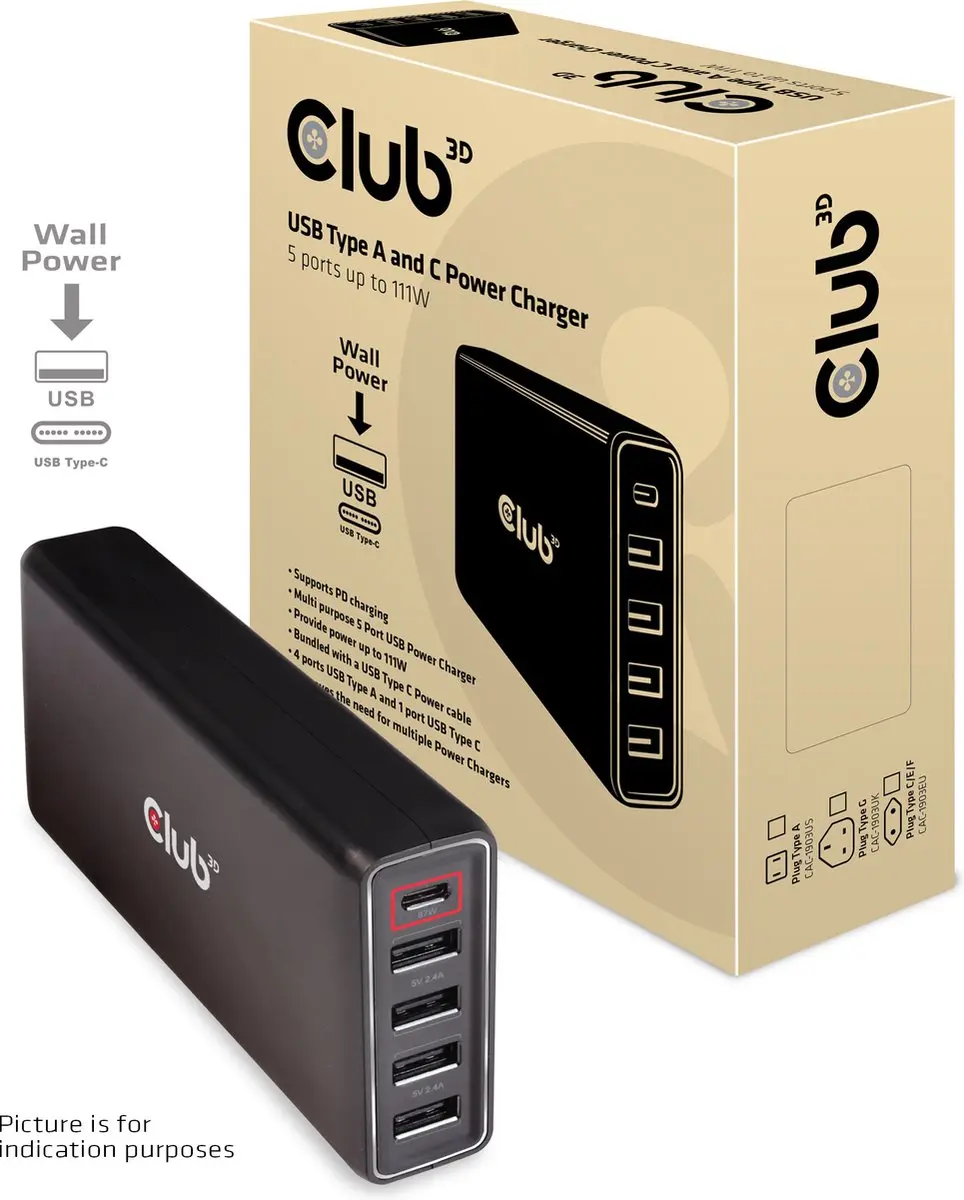 Club3D CAC-1903EU USB-C Laadstation 111W - 5 Poorten Zwart