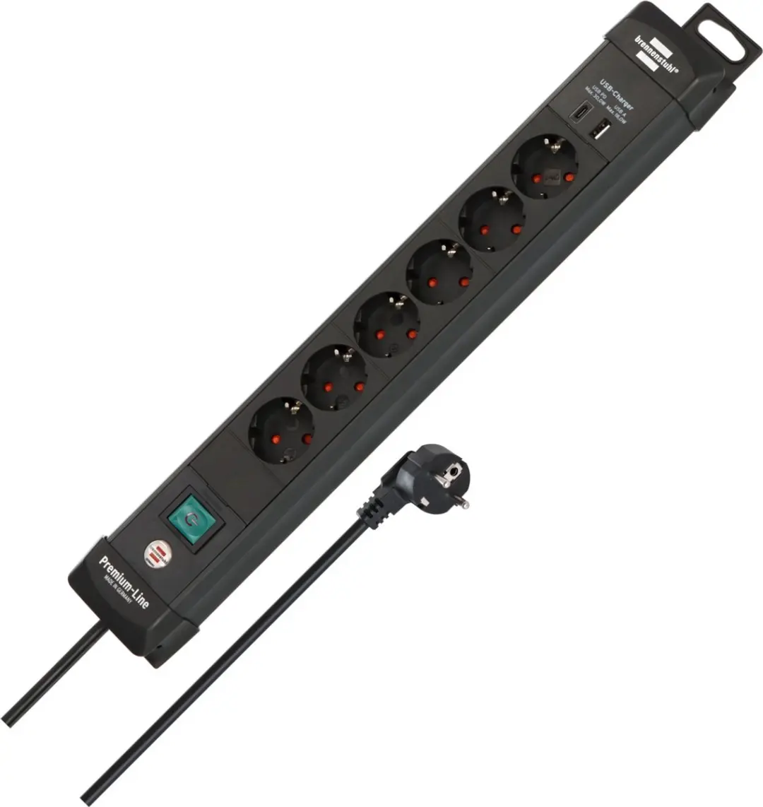Brennenstuhl Premium-Line Stekkerdoos 6-voudig - 3680W - USB-C PD 30W & USB-A 18W - Zwart