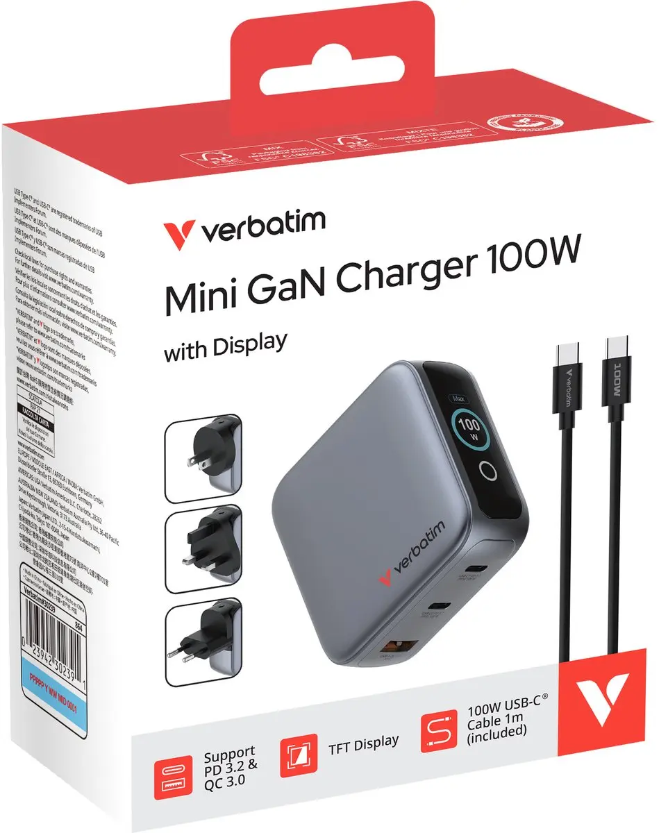 Verbatim Mini Gan-Oplader 100W 2xUSB-C 1xUSB-A - Transparant