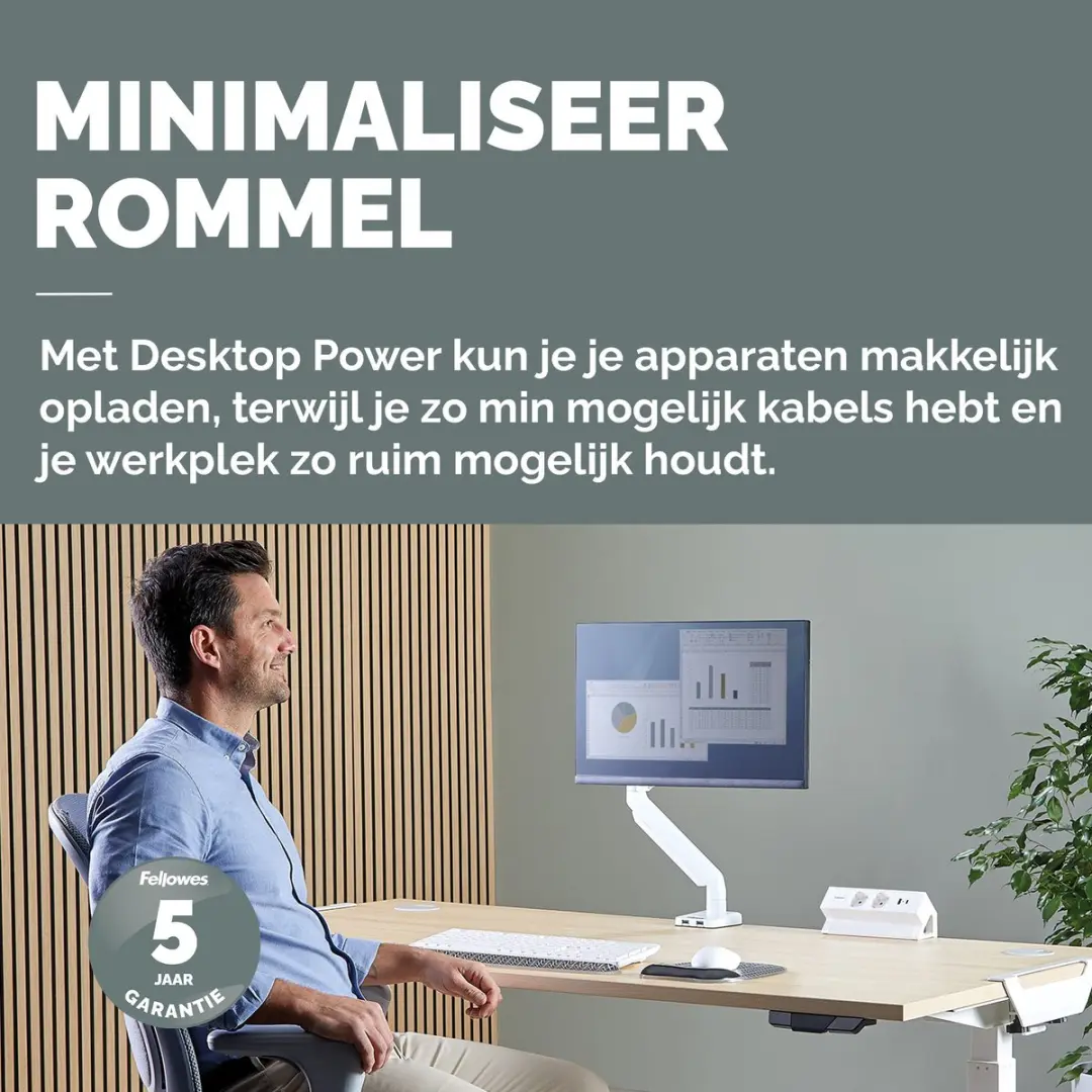 Fellowes Power Desk 2 Opbouwstroomvoorziening - 2x Stopcontact USB-A/C - Bureaubladklem 10-45mm - Wit