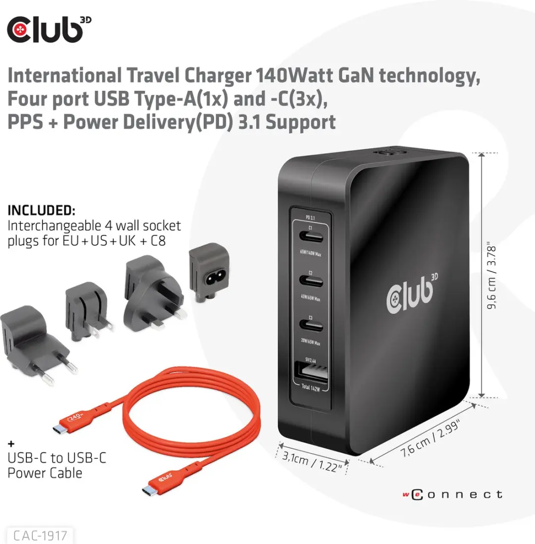 Club3D CAC-1917 Reislader 140W - 4x USB (1xA + 3xC) - Zwart