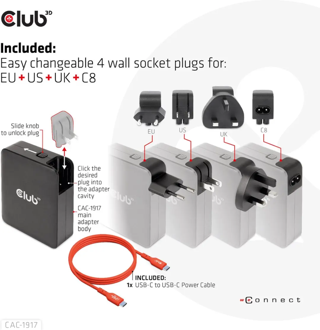 Club3D CAC-1917 Reislader 140W - 4x USB (1xA + 3xC) - Zwart