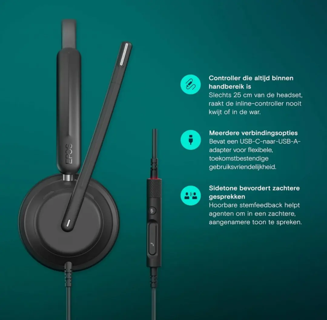 EPOS Impact 760T Stereo Headset - USB-C/USB-A - Noise Cancelling Microfoon - Zwart - afbeelding 4 van 6