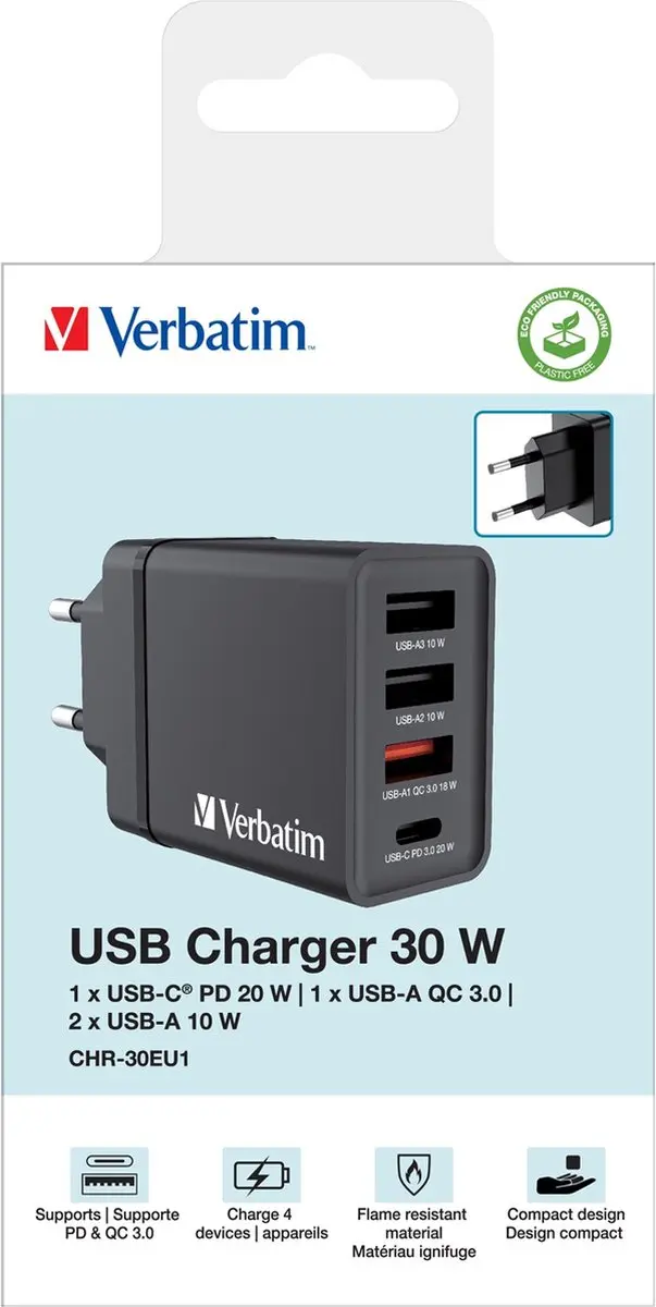 Verbatim GaN Oplader 49700 30W - 4 Poorten - Zwart