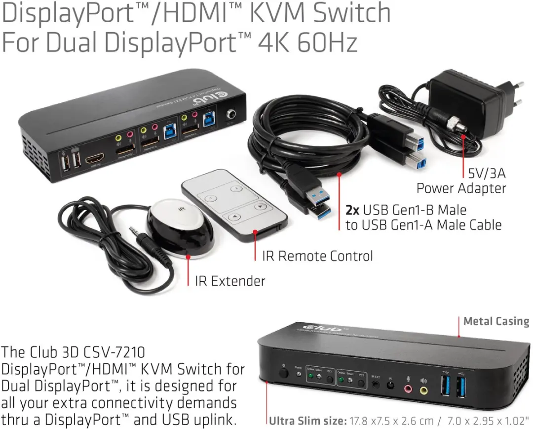 Club 3D 1829882 KVM Switch Dual DisplayPort 4K 60Hz