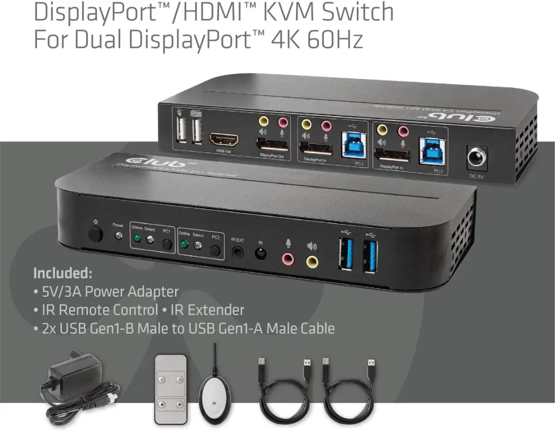 Club 3D 1829882 KVM Switch Dual DisplayPort 4K 60Hz