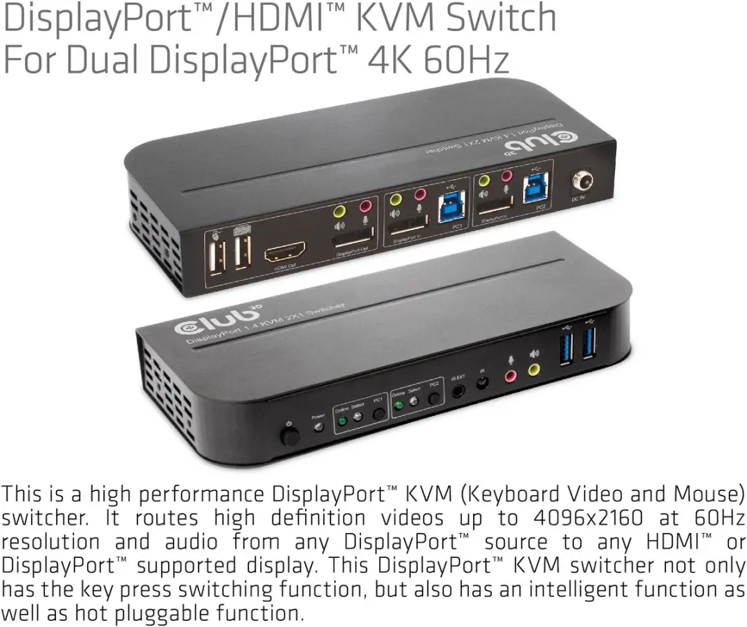 Club 3D 1829882 KVM Switch Dual DisplayPort 4K 60Hz - afbeelding 6 van 6