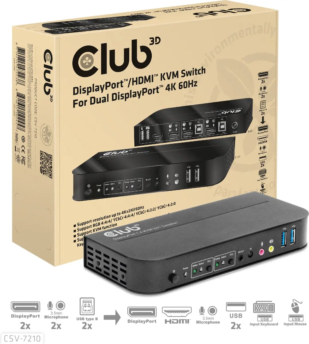 Club 3D 1829882 KVM Switch Dual DisplayPort 4K 60Hz