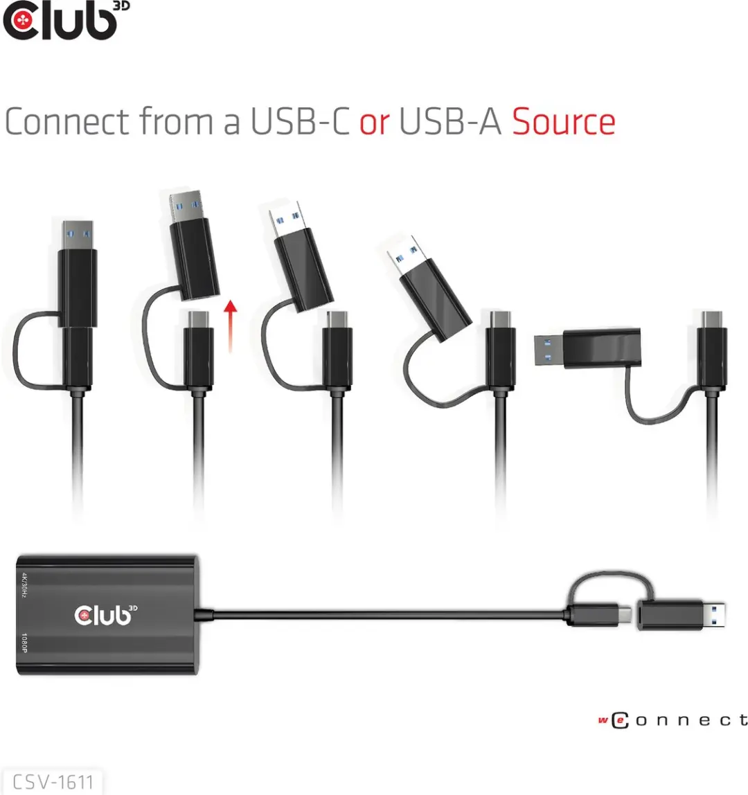 Club3D CSV-1611 USB-C/USB-A naar Dual HDMI/VGA Adapter - Zwart