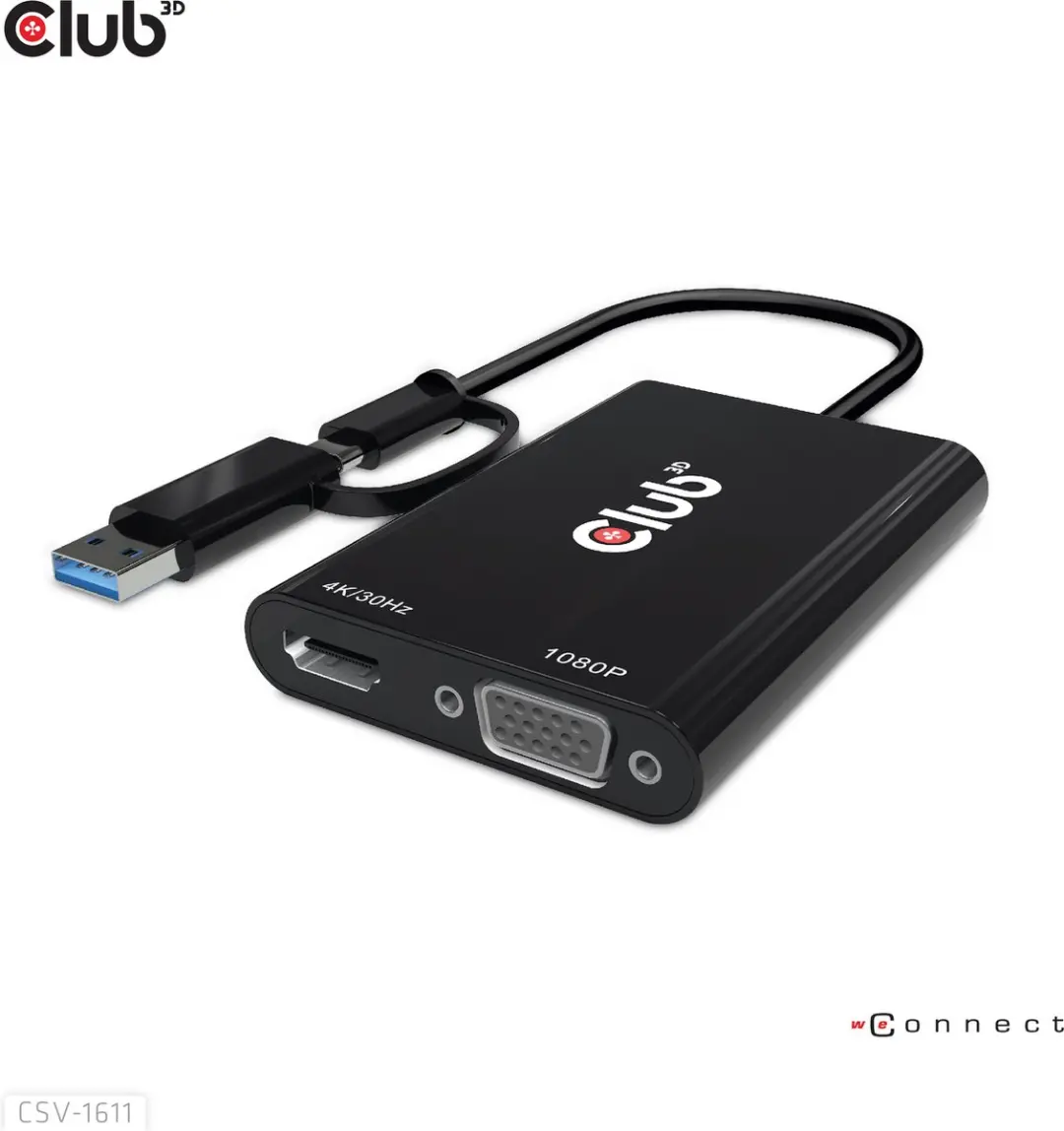 Club3D CSV-1611 USB-C/USB-A naar Dual HDMI/VGA Adapter