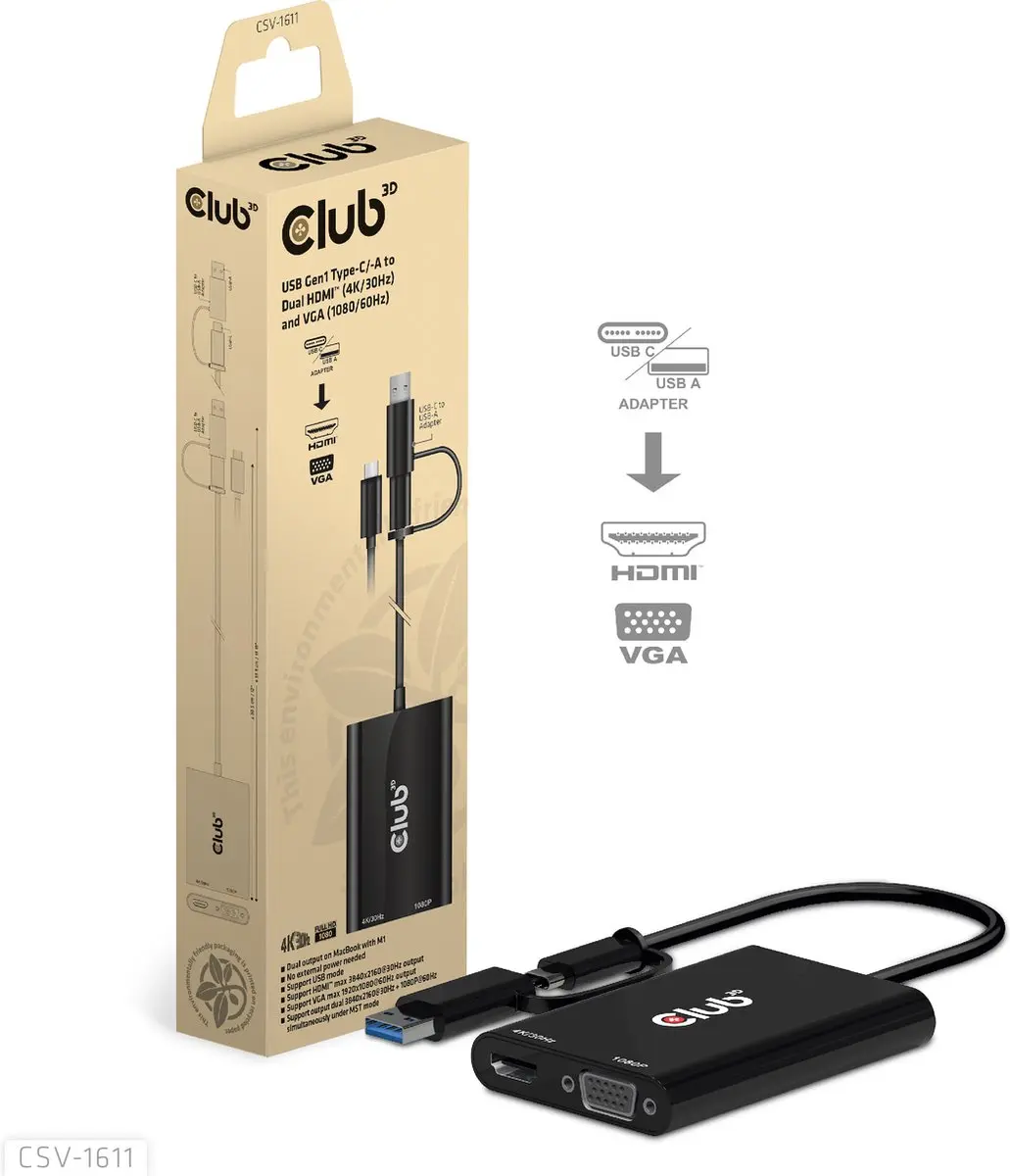 Club3D CSV-1611 USB-C/USB-A naar Dual HDMI/VGA Adapter - Zwart