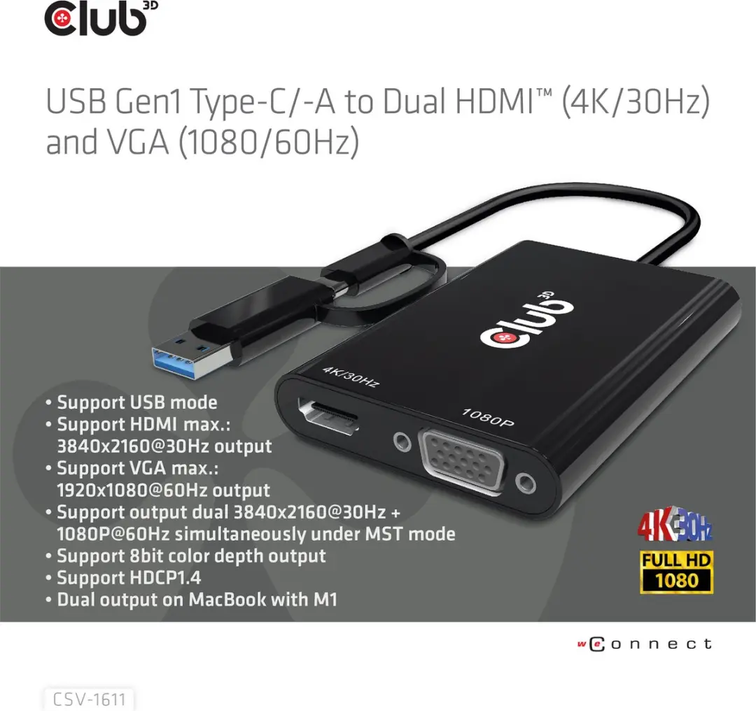 Club3D CSV-1611 USB-C/USB-A naar Dual HDMI/VGA Adapter - Zwart