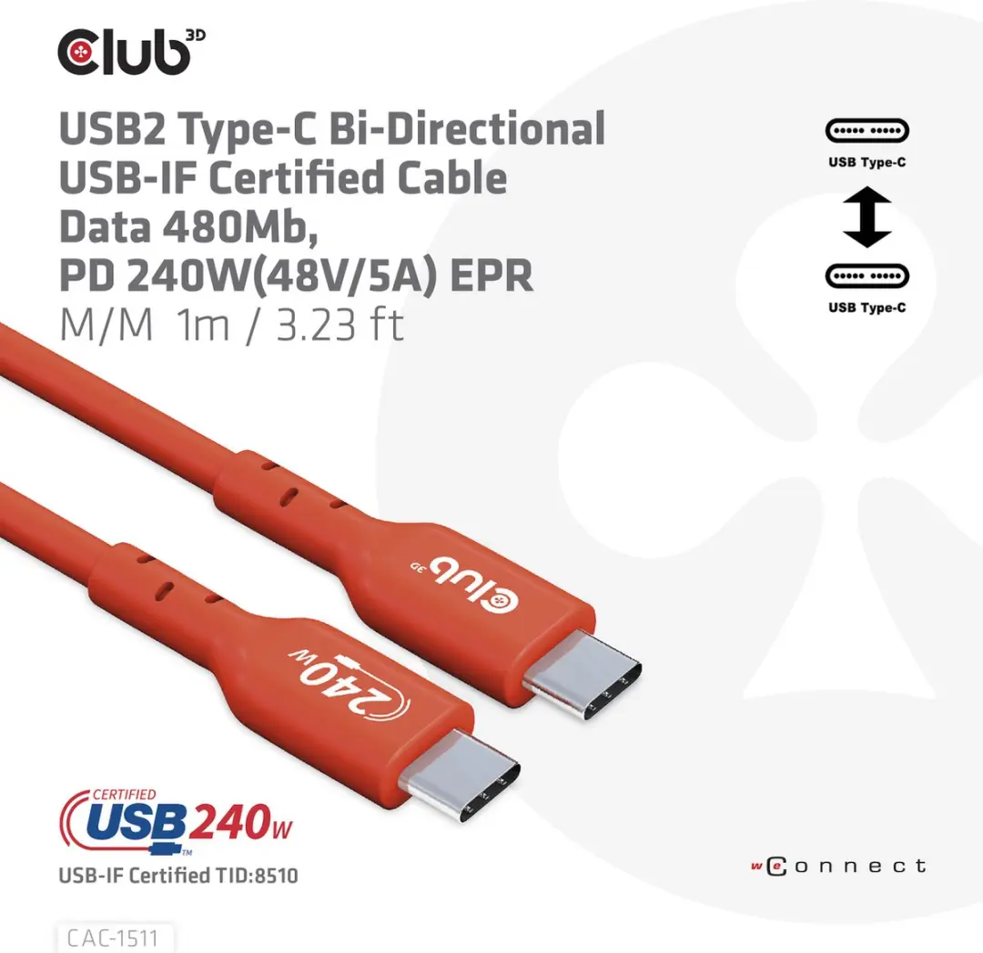 Club 3D USB-C Kabel 480Mbps PD 240W EPR 1m - Oranje