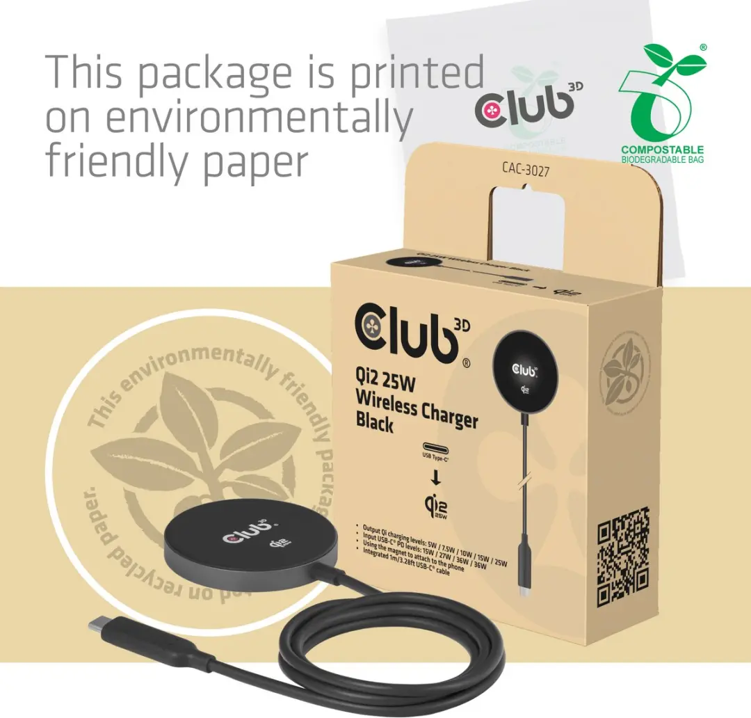 Club3D Qi2 25W MagSafe Oplader CAC-3027 - Zwart
