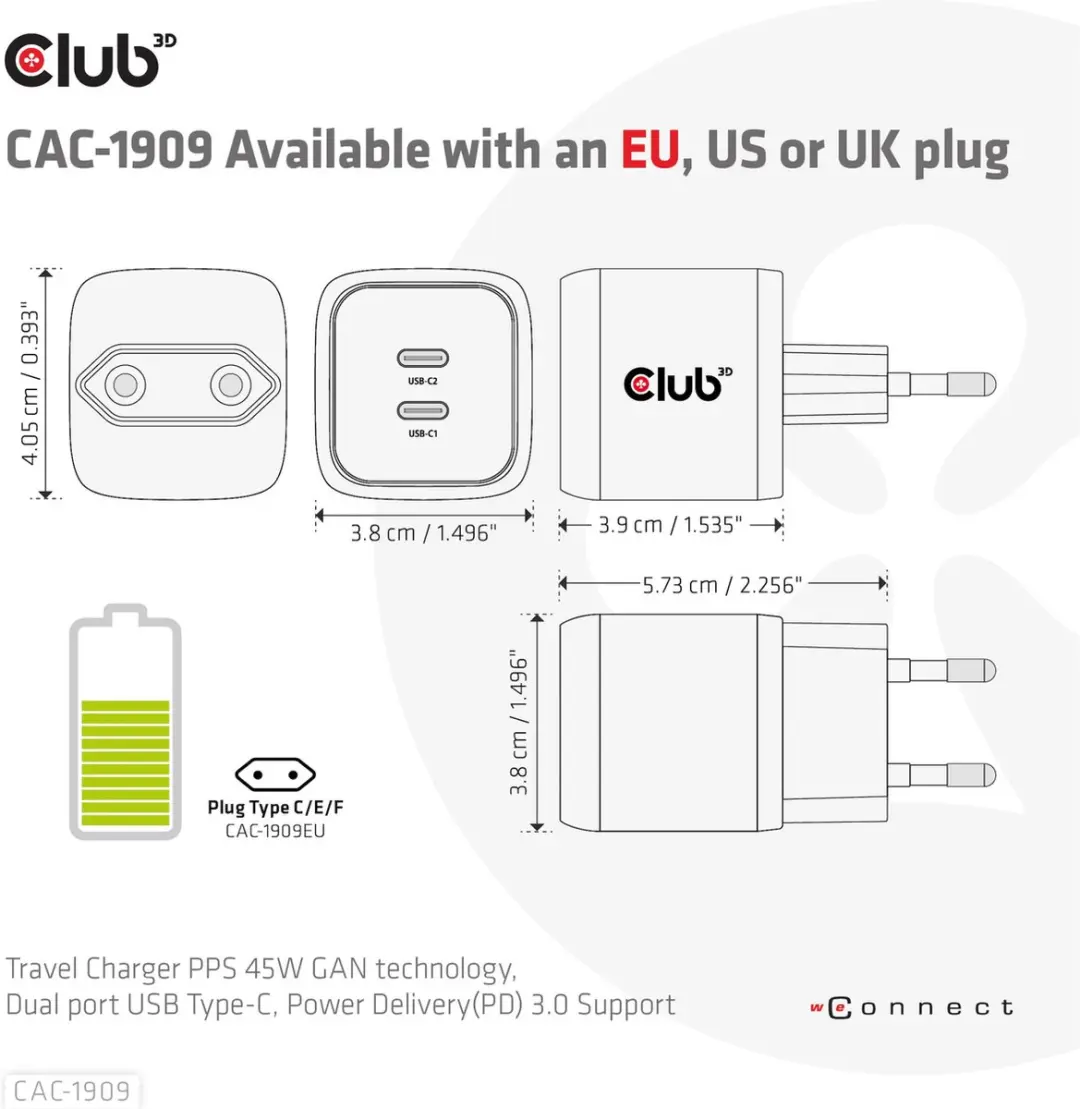 Club3D CAC-1909EU Travel Charger PPS 45W - Zwart