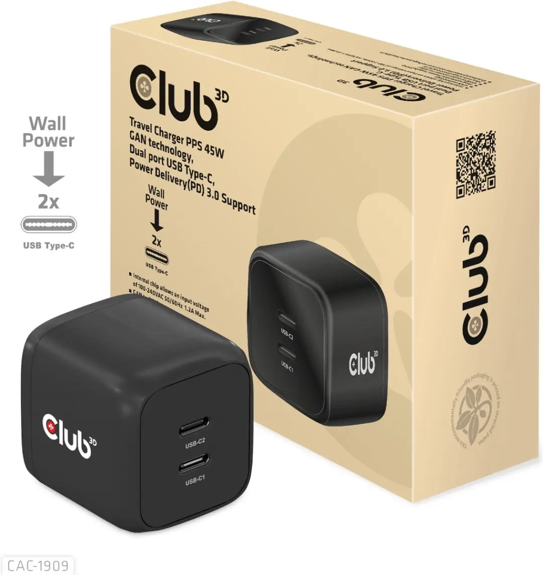 Club3D CAC-1909EU Travel Charger PPS 45W - Zwart