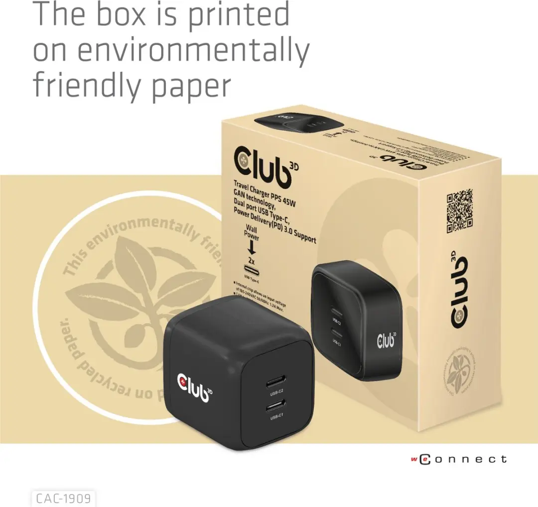 Club3D CAC-1909EU Travel Charger PPS 45W - Zwart