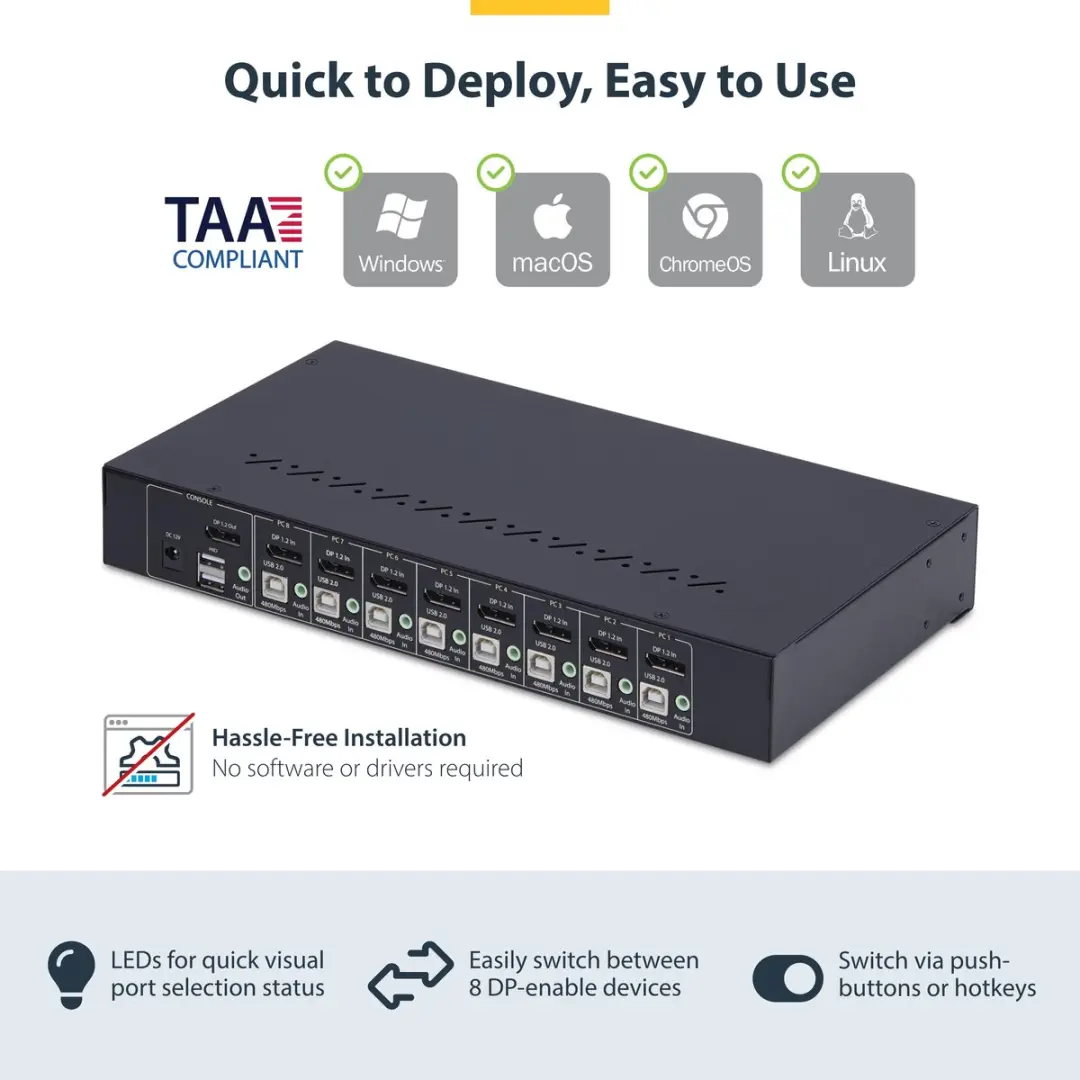 Startech R8AD122-KVM-Switch 8-Port DisplayPort - 4K 60Hz - USB Hub - Zwart