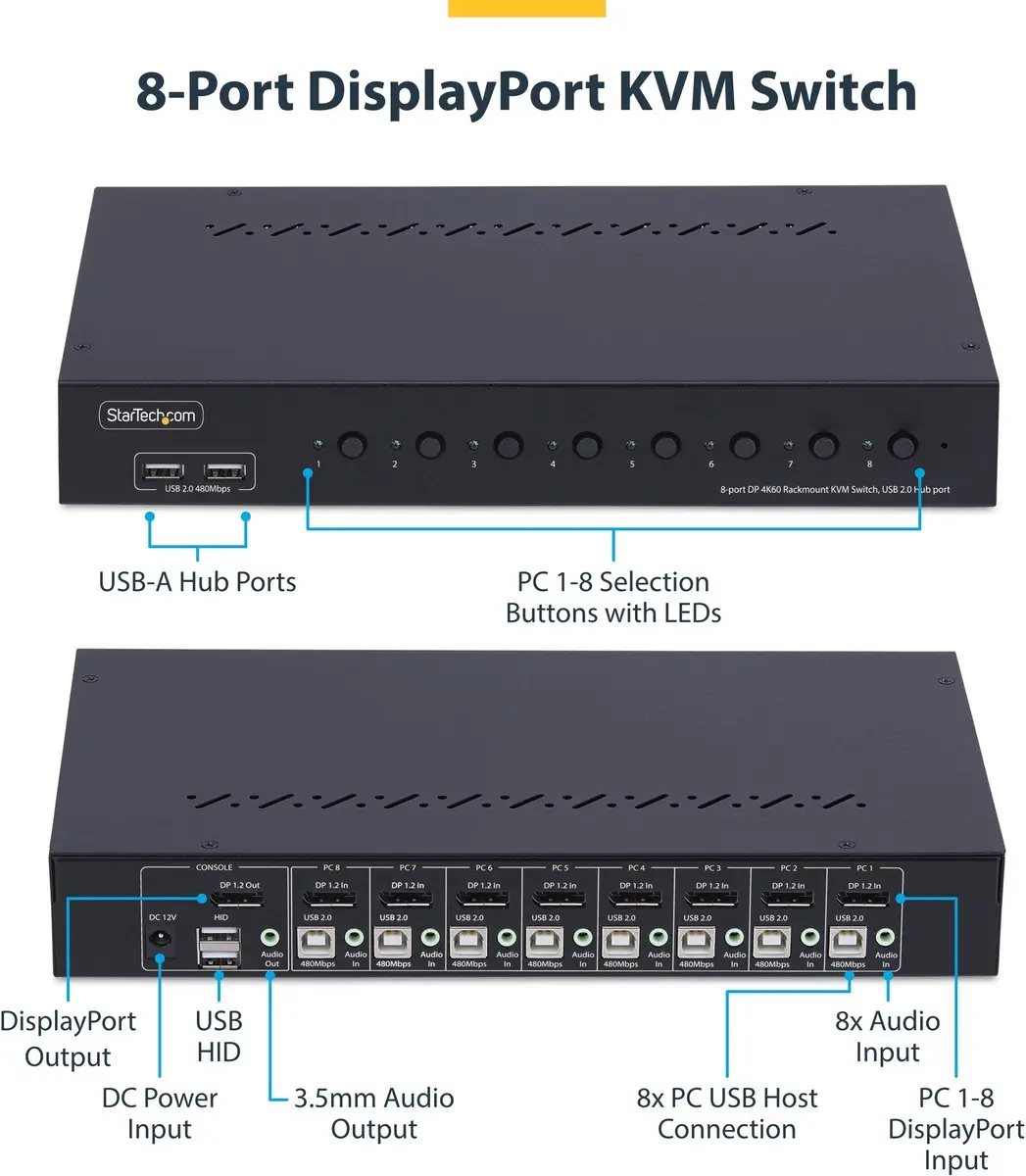 Startech R8AD122-KVM-Switch 8-Port DisplayPort - 4K 60Hz - USB Hub - Zwart
