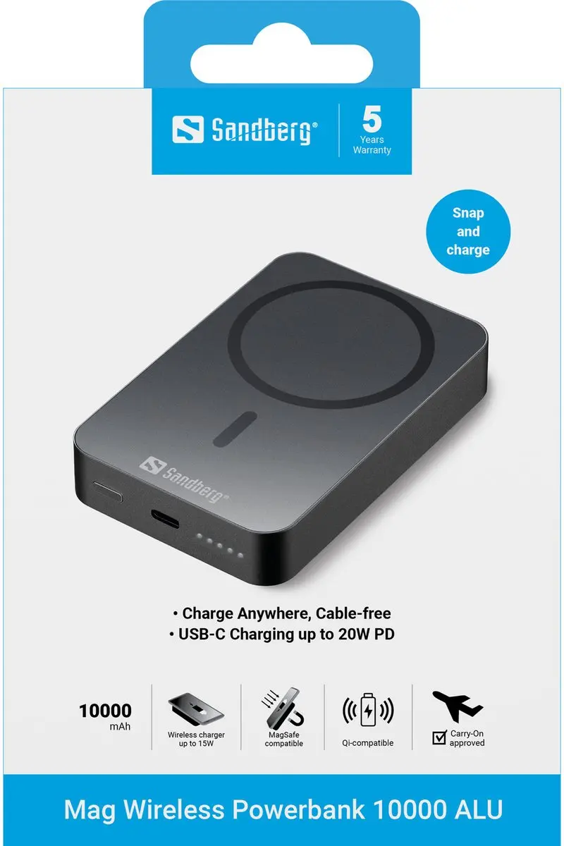 Sandberg Mag Draadloze Powerbank 10000mAh 20W - Black