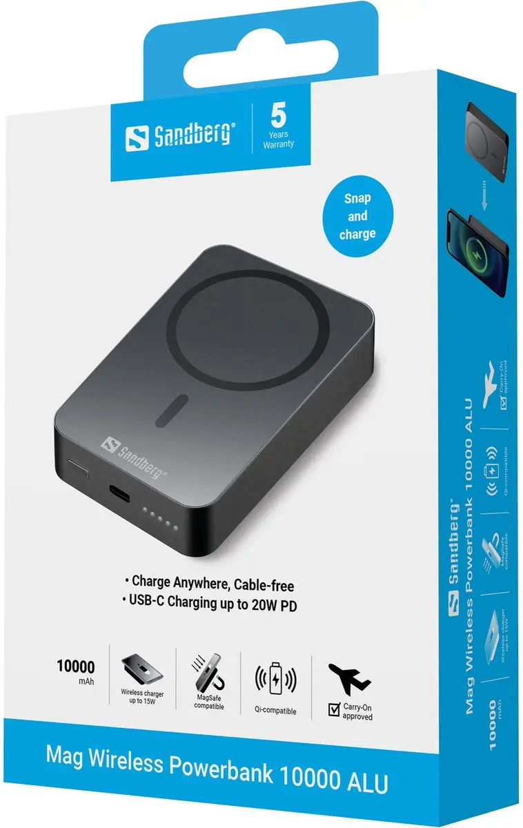 Sandberg Mag Draadloze Powerbank 10000mAh 20W - Black