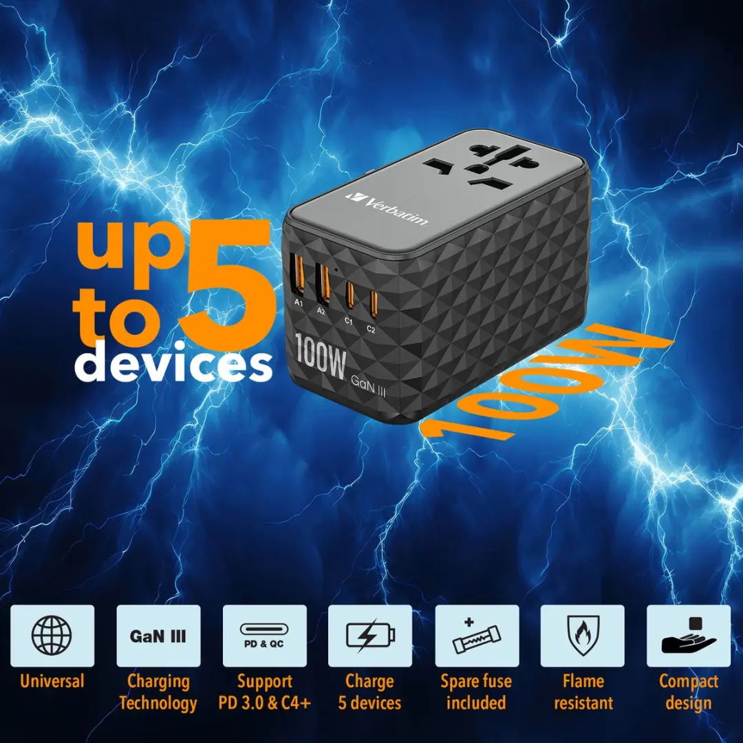 Verbatim UTA-06 GaN III Universele Travel Adapter 100W - 6 Outputs - Zwart - afbeelding 6 van 6
