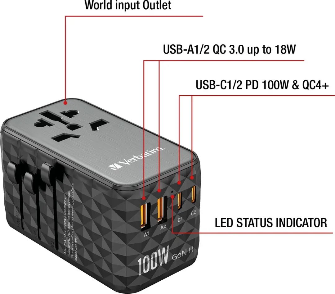 Verbatim UTA-06 GaN III Universele Travel Adapter 100W - 6 Outputs - Zwart