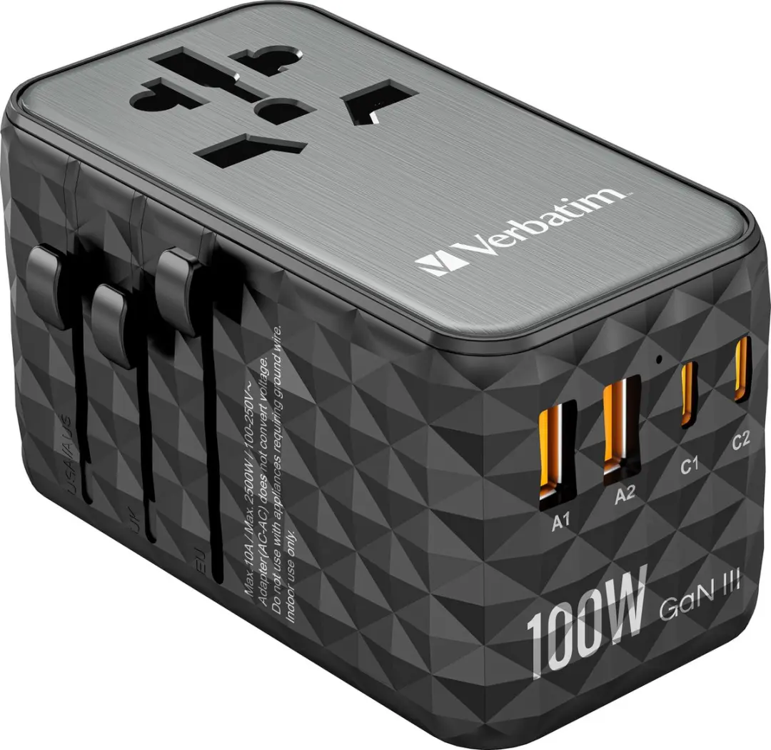 Verbatim UTA-06 GaN III Universele Travel Adapter 100W - 6 Outputs - Zwart