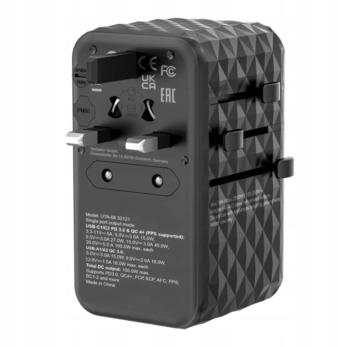 Verbatim UTA-06 GaN III Universele Travel Adapter 100W - 6 Outputs - Zwart