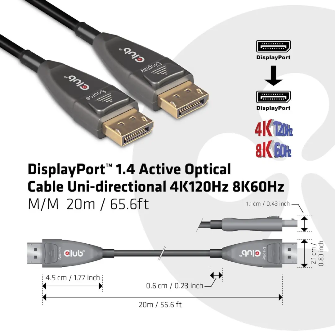 Club3D DisplayPort 1.4 Actieve Optische Kabel 20m - 4K120Hz/8K60Hz