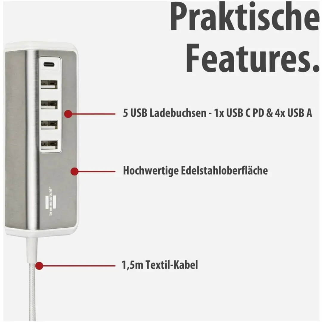 Brennenstuhl Estilo USB Multilader 20W - 5x USB - 1,5m Textielkabel