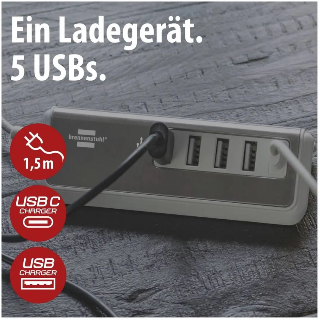 Brennenstuhl Estilo USB Multilader 20W - 5x USB - 1,5m Textielkabel